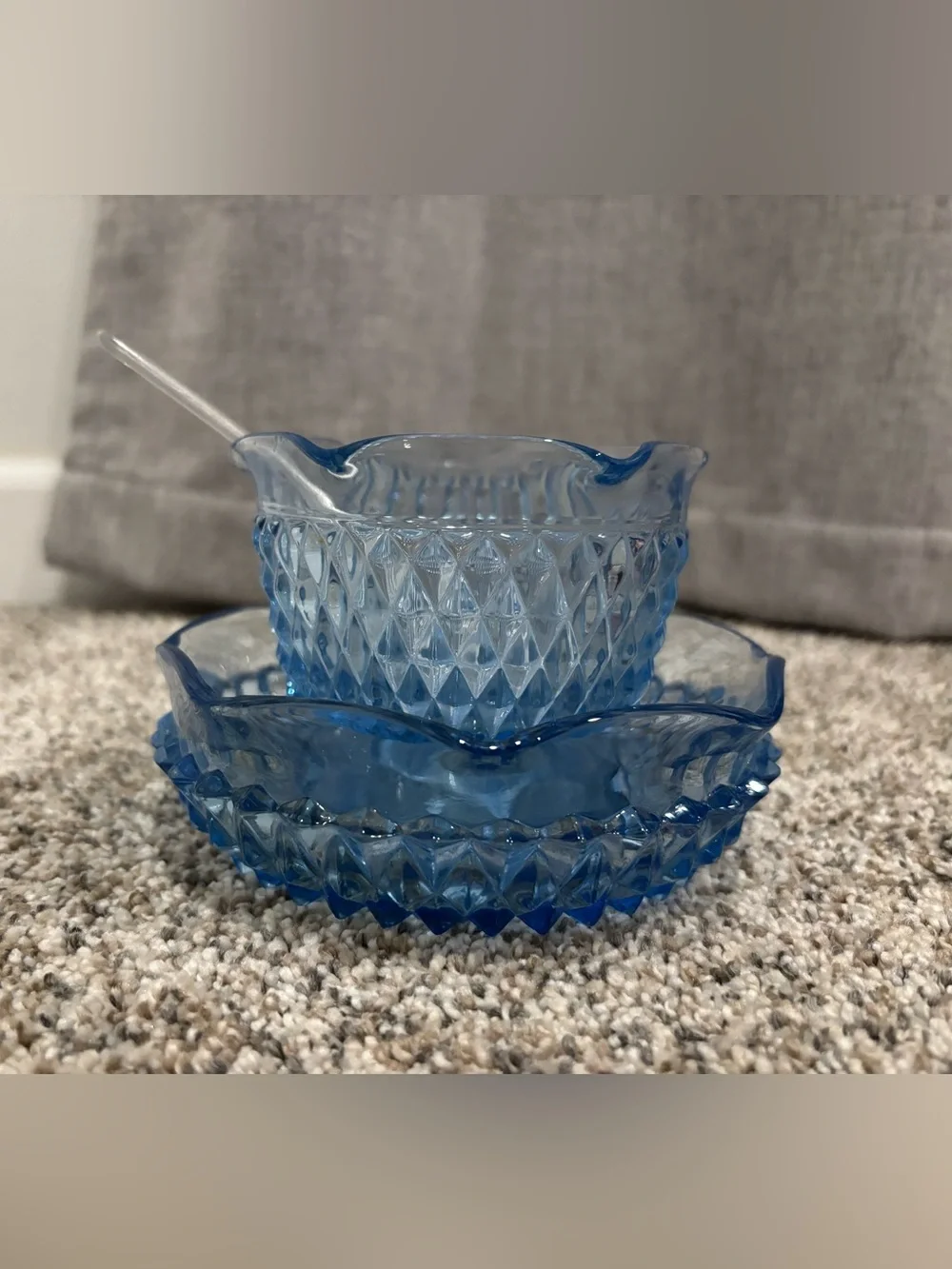 Vintage Indiana Glass Regal Blue Diamond Point Mayonnaise Bowl & Under plate Set